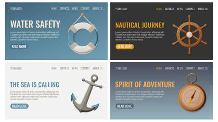 Lifebuoy, ship's steering wheel, compass, anchor, set of web templates, vector illustration in nautical marine style. For banner, website interface, advertising. concept of journeyのイラスト素材