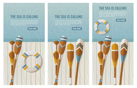 Set of cards oars on a wooden pontoon and lifebuoy on the water. Vector illustration in nautical summer style, text the sea is calling. For banner, flyer, social mediaのイラスト素材