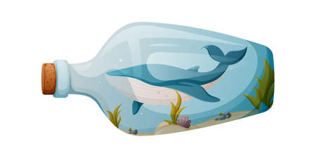 Blue whale in a glass bottle. sealife. Vector illustration, cartoon nautical style. world ocean day concept. Help to protect animals and the environment.のイラスト素材