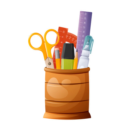 Desktop stand with pencils, pens, scissors, semicircular ruler, highlighter and proofreader. Stationery items for school, work, study. Vector illustration, cartoon styleのイラスト素材
