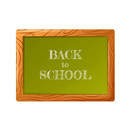 Green board in a wooden frame with text back to school. Vector illustration, cartoon style. For teaching students, schoolchildren.のイラスト素材