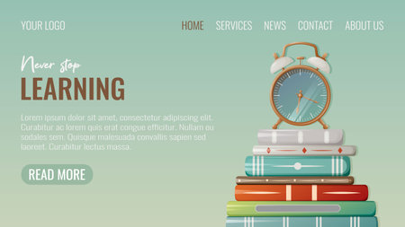Stack of books with alarm clock, website interface template. vector illustration. Never stop learning, reading. For students, schoolchildren, lovers of literatureのイラスト素材