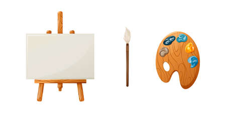 Set for drawing, creativity. Easel, brush, colorful paints. Vector illustration, cartoon style. Art school, hobby.のイラスト素材