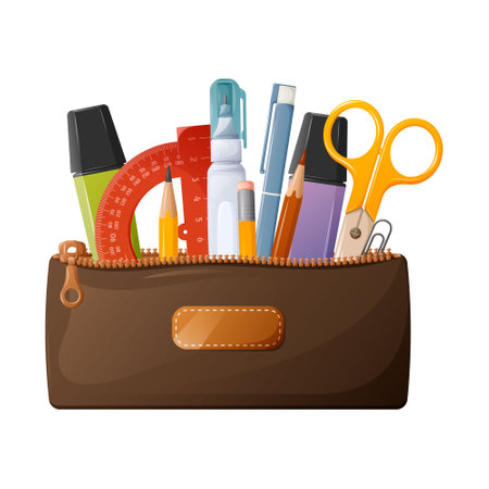 Pencil case with stationery. For use by schoolchildren and students. Protractor, marker, scissors, pen, corrector and paper clip. vector illustrationのイラスト素材
