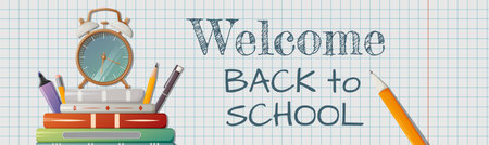 Welcome back to school horizontal banner with text, checkered notebook, books with alarm clock, stationery items. vector illustration. For poster, flyer, website interfaceのイラスト素材