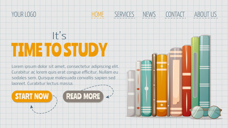 Stack of books and glasses. It's time to study horizontal template for website interface, checkered notebook background. vector illustration. For banner, poster, flyerのイラスト素材