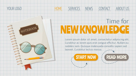 Notepad with bookmark, sheet, glasses, pencil. Time for new knowledge, horizontal template for website interface, checkered notebook background. vector illustration. For banner, poのイラスト素材