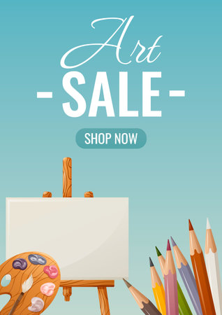 art school sale poster. Paints with brush, easel, colored pencils and text. vector illustration. Education, business concept. For banner, flyer, storeのイラスト素材