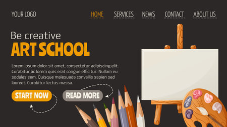 Easel with palette of paints, colored pencils. Be creative, art school. Horizontal template for website interface, black background. vector illustration. For banner, store, saleのイラスト素材