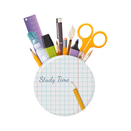 School round sticker, checkered notebook, study time text and pen. stationery items. vector illustration.のイラスト素材