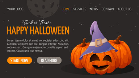 Cute pumpkins with funny face and witch hat. Happy Halloween. Horizontal template for website interface, dark background. vector illustration. For banner, store, saleのイラスト素材