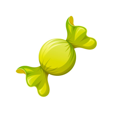 Round candy in a bright green wrapper. Sweet for kids and adults. cartoon vector illustration.のイラスト素材