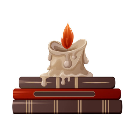 Burning wax candle on witch books. cartoon vector illustration. Item for divination, spell, halloweenのイラスト素材