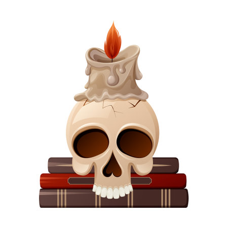 Skull without lower jaw with cracks on witch books. Burning wax candle. cartoon vector illustration. Item for divination, spell, halloween, the day of the dead.のイラスト素材