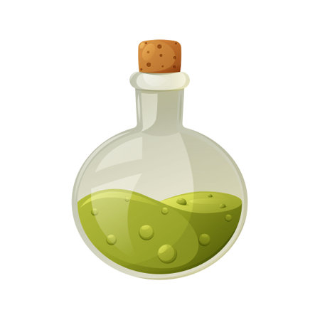 Green potion in a glass flask with bubbles. Item of a witch for love spell, poison. cartoon vector illustration for halloweenのイラスト素材