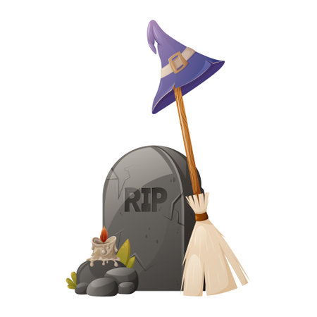 Tombstone with text RIP, broomstick with sorcery hat, burning candle on stones. The memory of the dead. Cartoon vector illustration for Halloween.のイラスト素材