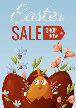 Easter sale. Chicken sits in a red egg, flowers, willow twigs. Vector illustration for the spring holiday. For banner, poster, flyerのイラスト素材