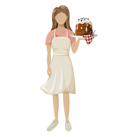 A girl in an apron holds an Easter cake decorated with white icing and blueberries. Willow branches. Cooking for the holiday. Vector illustration of a faceless character.のイラスト素材
