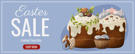 Easter sale. Festive traditional cakes, eggs, pastries decorated with icing and chocolate. Vector illustration for the spring holiday. Blue horizontal banner, flyer, posterのイラスト素材