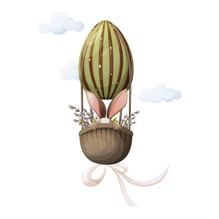 The bunny flies in a balloon in the form of an egg. Willow branches and clouds. easter spring theme. Vector illustration for the holidays. forest animals. isolated background.のイラスト素材