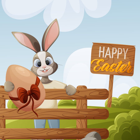 Easter background. A bunny on a green lawn stands behind a rustic fence and holds a large egg with a bow. Vector illustration in cartoon style. Natural landscape. For bannerのイラスト素材