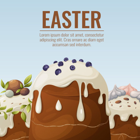 Easter cakes with white icing, decorated with blueberries, meringue. Square background with place for text. Vector illustration of baking for the spring religious holiday.のイラスト素材