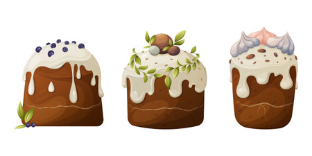 A set of Easter cakes with white icing, decorated with blueberries, leaves and meringue. Vector illustration of baking for the spring holiday on an isolated background.のイラスト素材
