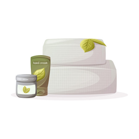Bath towels, jar and tube of face, body and hand cream. The concept of spa, relaxation. cartoon style. trendy vector illustration.のイラスト素材