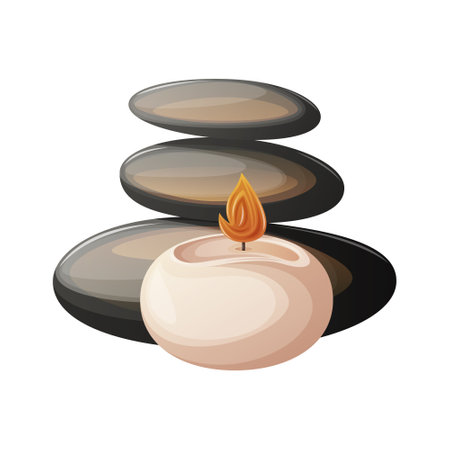 Black spa stones with round burning candle. balance. Decorative accessory for salon, massage, relaxation or meditation. cartoon style. trendy vector illustration.のイラスト素材
