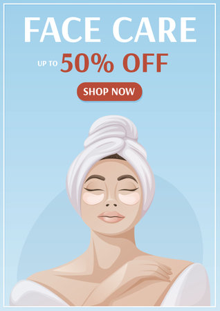 skincare sale poster. Woman in bathrobe and towel, eye patches. health and beauty. vector illustration. For advertising, website, banner. a4 formatのイラスト素材