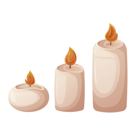 A set of burning candles of various sizes. Cartoon style, trendy vector illustrationのイラスト素材