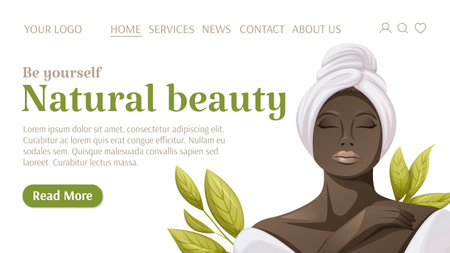 African American woman in a bathrobe and towel. Template for website. Be yourself, natural beauty. Concept of health, self-care. vector illustration. For banner, advertising.のイラスト素材