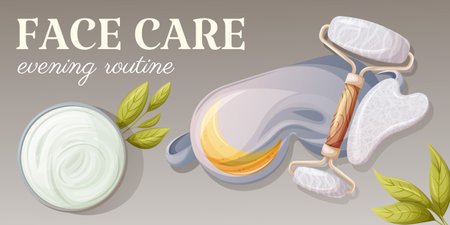 Items for skincare before bedtime. Eye mask for sleeping, gua sha roller and scraper of natural stone, cream. health and beauty. top view. Face care banner, evening routine.のイラスト素材
