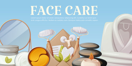 Items for relaxation, self-care. Envelope with gua sha tools, folded bathrobe, spa stones and burning candle, mirror, eye patches and cream. Face care banner with space for text.のイラスト素材