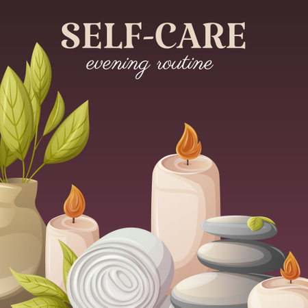 Spa stones surrounded by burning candles. Towel, vase with green leaves. Items for salon, massage, relaxation. Self-care, evening routine, square card. vector illustrationのイラスト素材