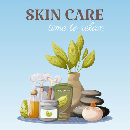 Accessories for self care. Cream for body, face and hand, balance of spa stones, glass cup with gua sha tools, oil serum, burning candle. Skin care, time to relax, square card.のイラスト素材