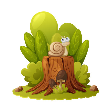 A cartoon snail sits on a stump surrounded by bushes and plants in a green forest clearing with mushrooms and stones. Children fairy tale vector illustration. summer natureのイラスト素材