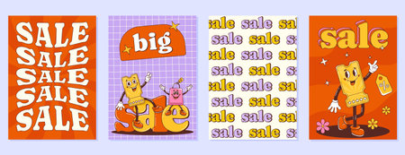Retro groovy sale posters with discount coupon and bag characters. Vector background, cards in...