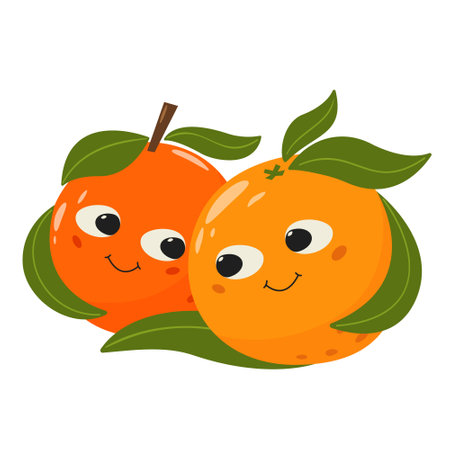 Orange fruit couple in love. Cute fruit characters with faces. Happy Valentine's Day concept, cartoon romantic vector illustration.のイラスト素材