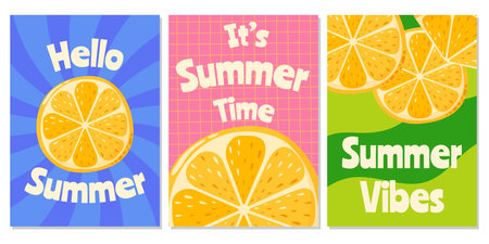 Set of retro abstract posters with lemon fruit. Summer trendy vector illustration with season text. For banner, card, flyer, web design, a4 format.のイラスト素材