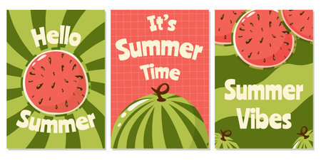 Set of retro abstract posters with watermelon. Summer trendy vector illustration with season text. For banner, card, flyer, web design, a4 format.のイラスト素材