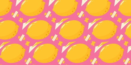 Abstract seamless pattern with lemons, geometric shapes. Summer fruit vector illustration on...