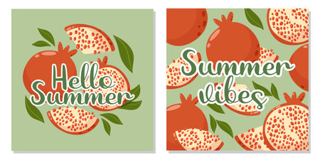 Set of fruit cards with text hello summer and summer vibes. Pomegranate composition and background with leaves. Vector square illustration for banner, poster, flyer, social mediaのイラスト素材