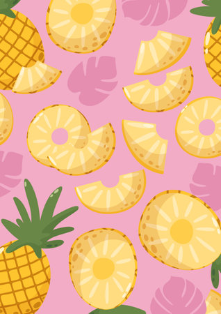 Pineapple background with whole and slices fruits. Summer tropical vitamin vector illustration for banner, poster, flyer, card, notebook. a4 format.のイラスト素材