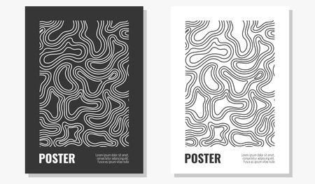 Set of abstract black and white smooth pattern posters, vector monochrome shapes, figures. Trendy minimalist set of artwork for banner, flyer, cover, presentationのイラスト素材