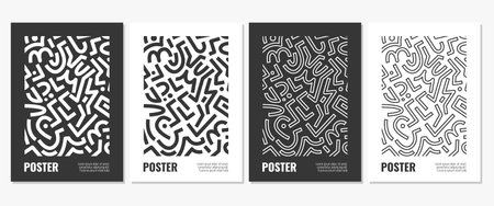 Set of abstract black and white geometric pattern posters, vector monochrome shapes, figures, lines, circles. Trendy minimalist set of artwork for banner, flyer, coverのイラスト素材