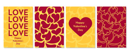 Set of Happy Valentines Day posters. Modern abstract vector cards with hearts background. A4 templates for banner, cover, greeting card, celebration, salesのイラスト素材
