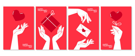 Set of posters Happy Valentine's day. Vector illustration with hands and holiday attributes, heart, love letter, gift box, lollipop. For banner, greeting card, declaration of loveのイラスト素材