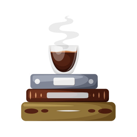 Stack of books with cup of coffee, horizontal books isolated on a white background. Cartoon educational vector illustration for reading lovers, web, library, store, study, sticker.のイラスト素材