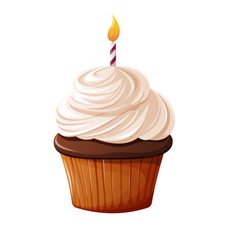 Festive cupcake with whipped cream and a lit candle. Baking for holiday, birthday party, congratulation. Vector illustration, cartoon flat style, isolated backgroundのイラスト素材